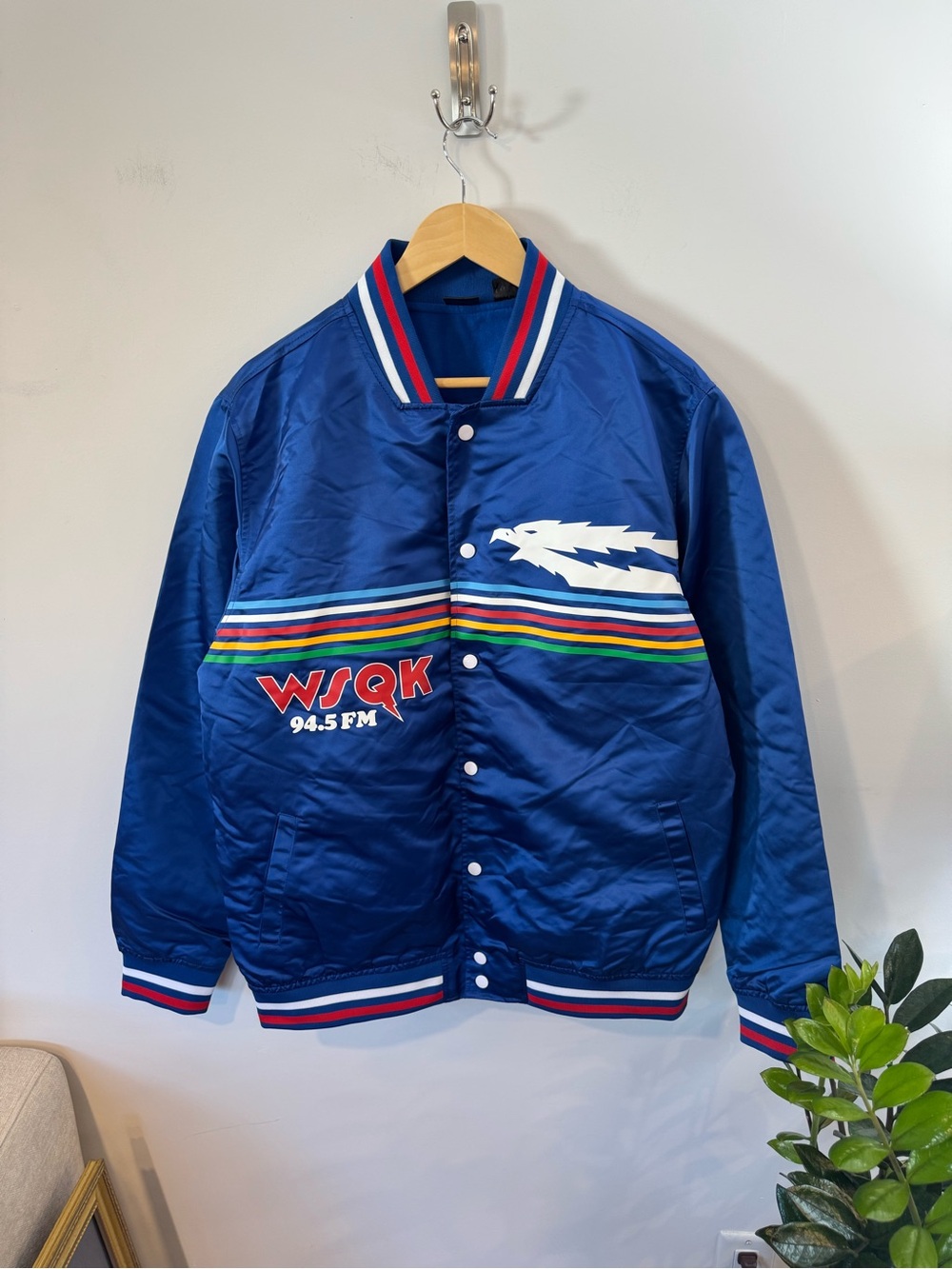 Stranger Things WSQK Graphic Satin Bomber Jacket - Blue, NWT